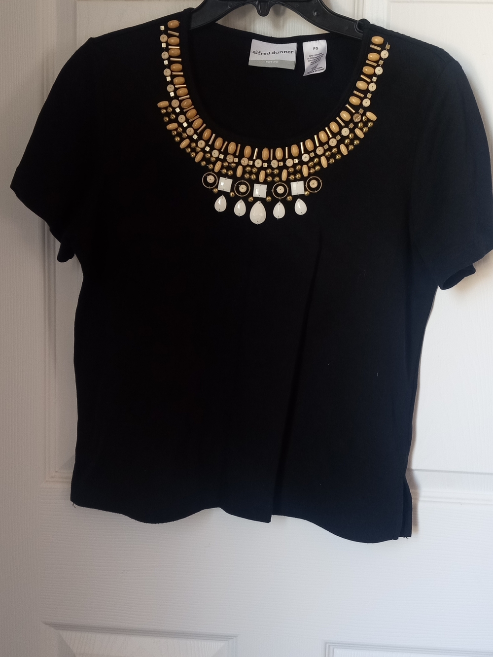 Alfred Dunner Black Short Sleeve Tee with Gold and White Jewel Neck